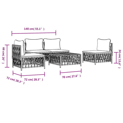 5 pcs conjunto lounge de jardim com almofadões aço branco