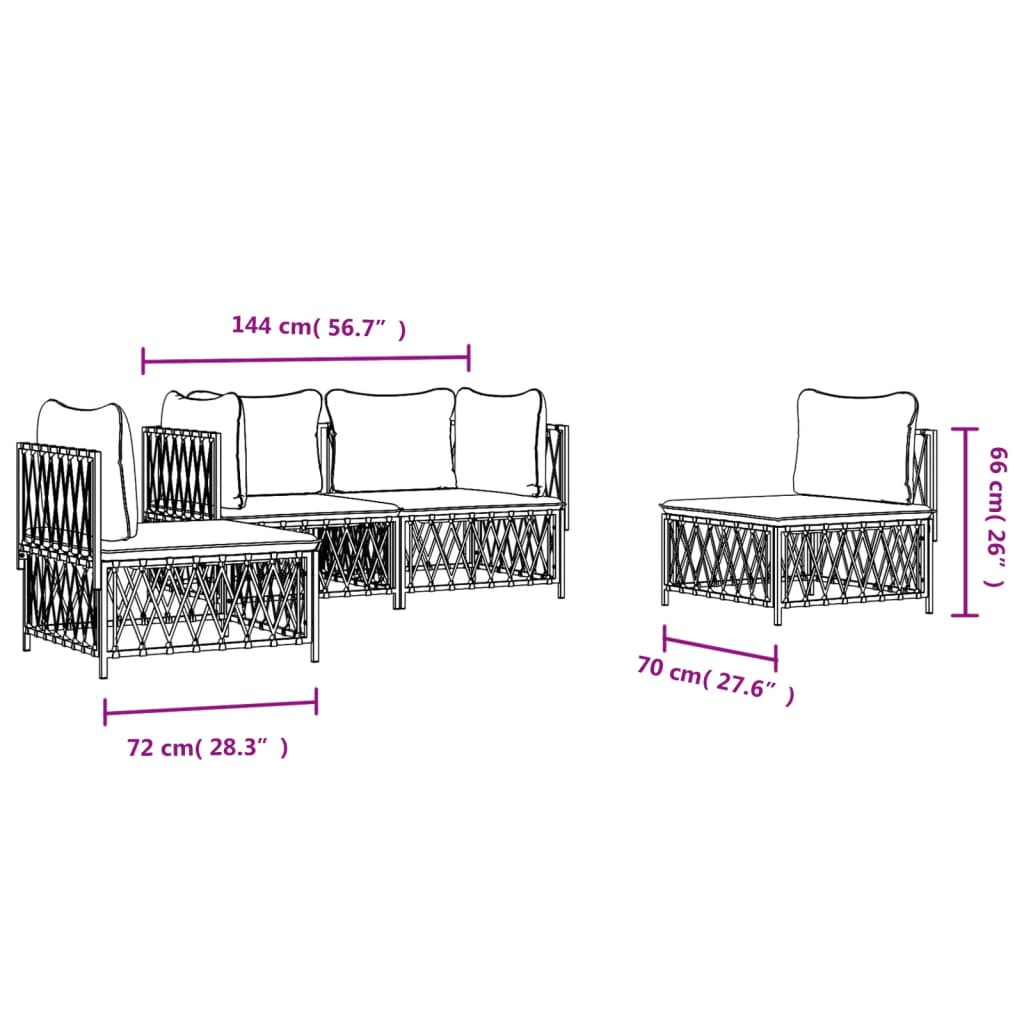 4 pcs conjunto lounge de jardim com almofadões aço branco