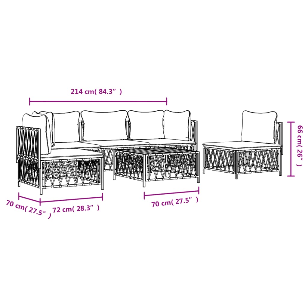 6 pcs conjunto lounge de jardim com almofadões aço branco