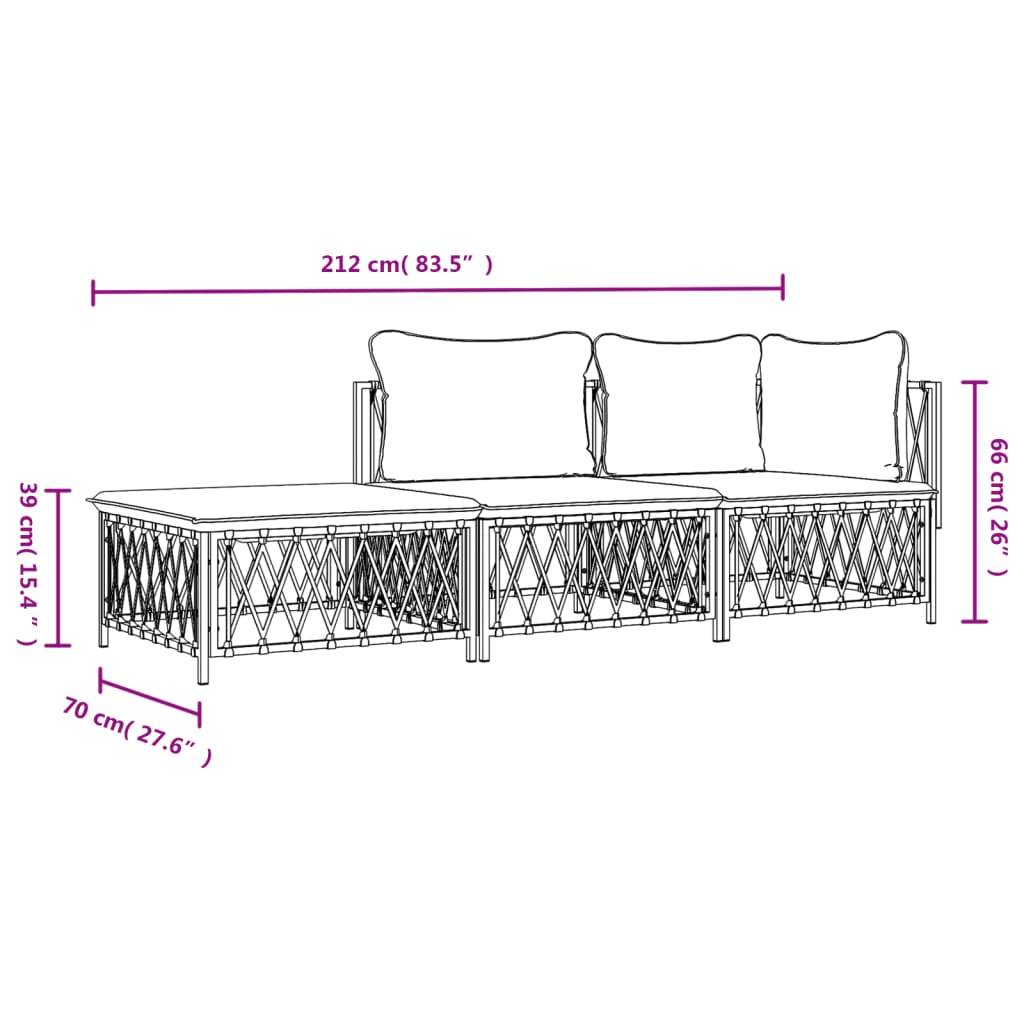 3 pcs conjunto lounge de jardim com almofadões aço branco