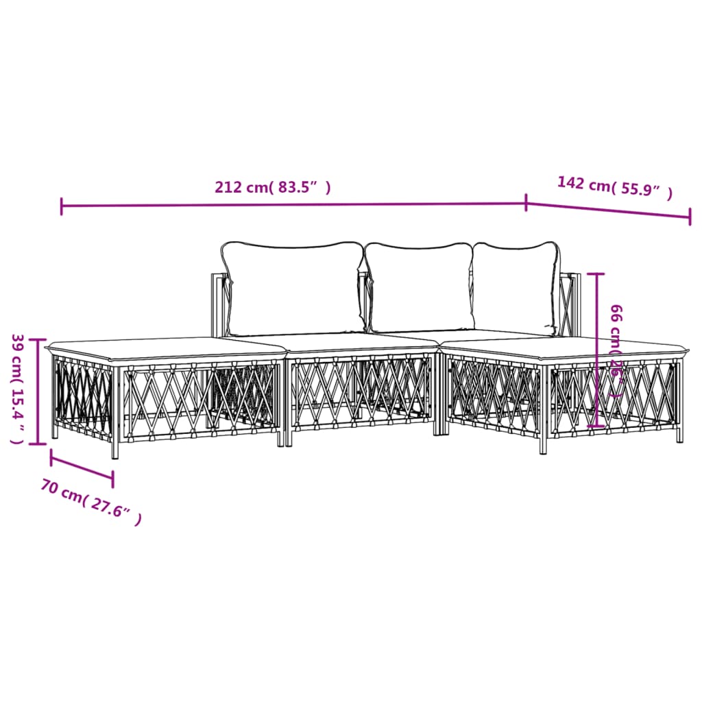 4 pcs conjunto lounge de jardim com almofadões aço branco