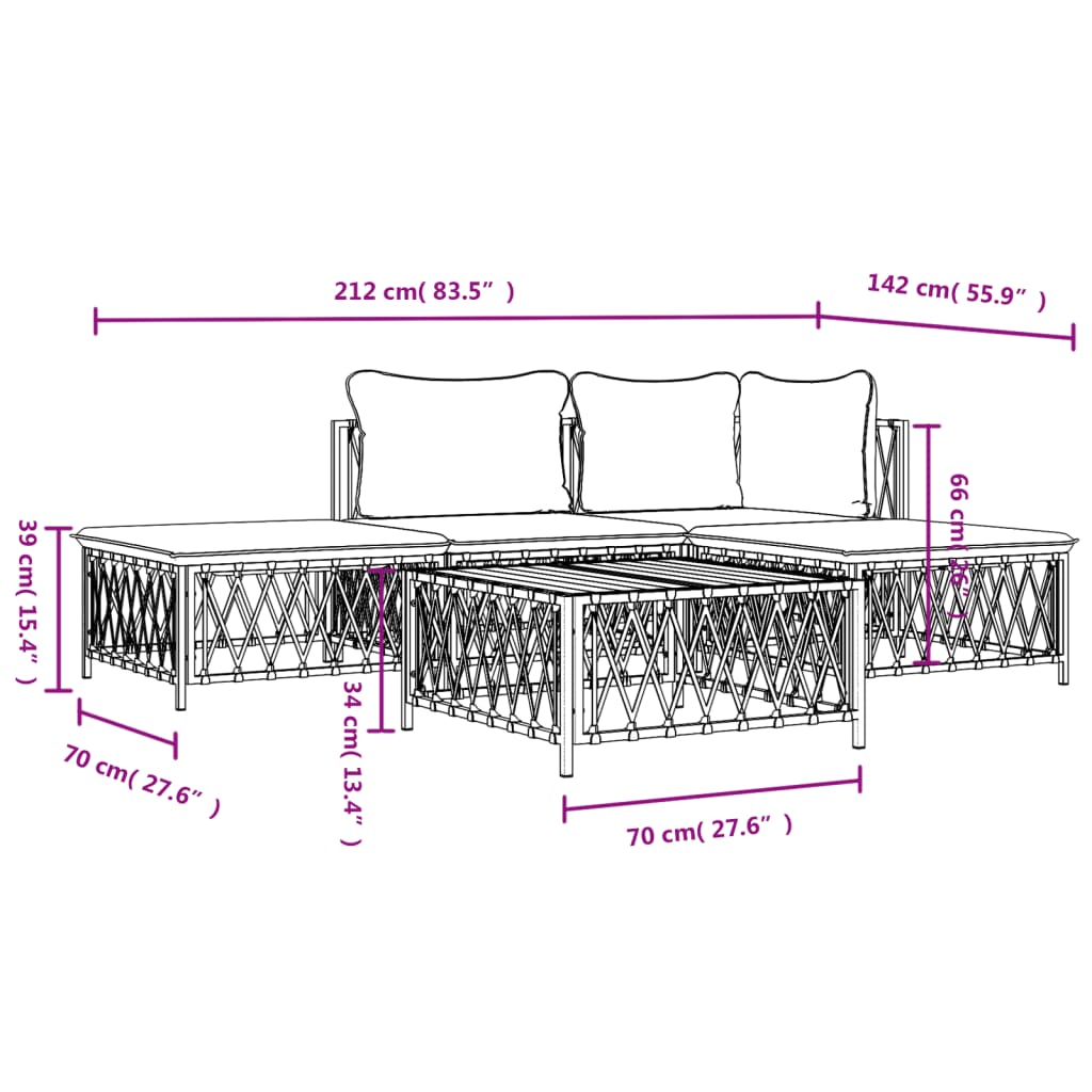 5 pcs conjunto lounge de jardim com almofadões aço branco