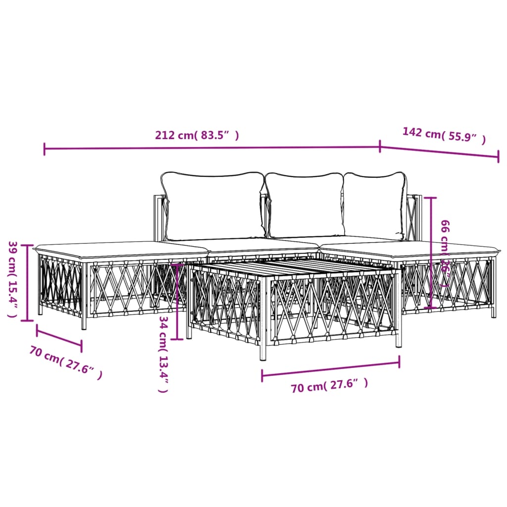 5 pcs conjunto lounge de jardim com almofadões aço antracite