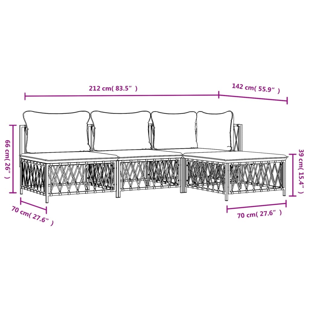 4 pcs conjunto lounge de jardim com almofadões aço branco