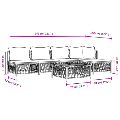 6 pcs conjunto lounge de jardim com almofadões aço branco