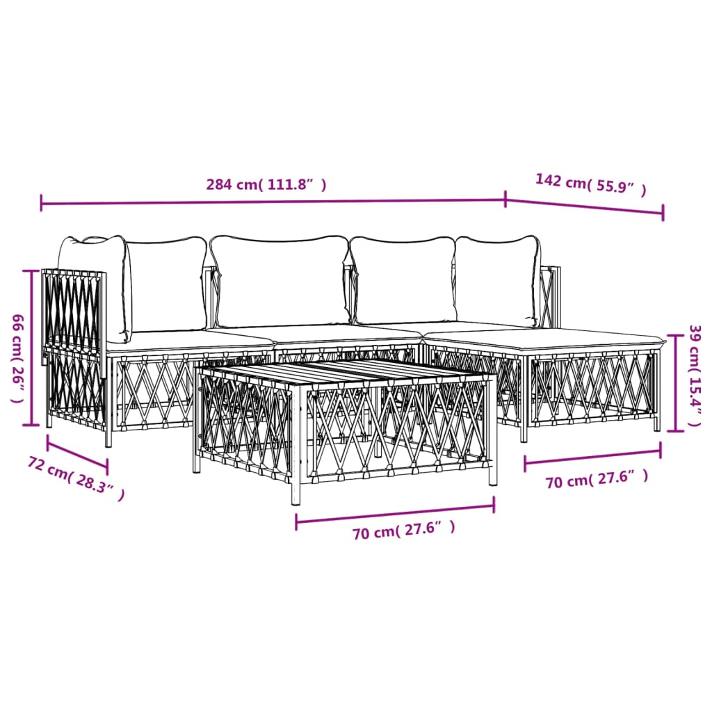 4 pcs conjunto lounge de jardim com almofadões aço branco