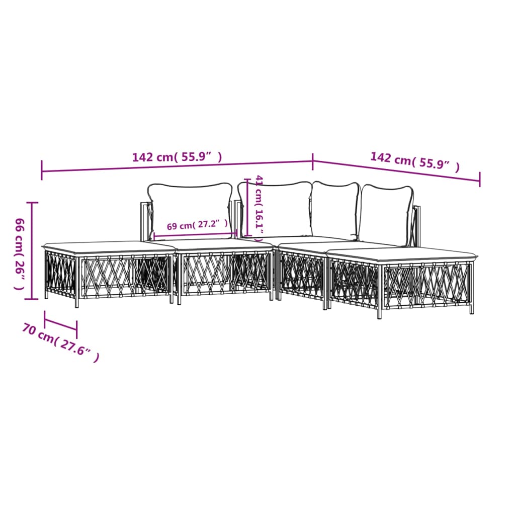 5 pcs conjunto lounge de jardim com almofadões aço branco