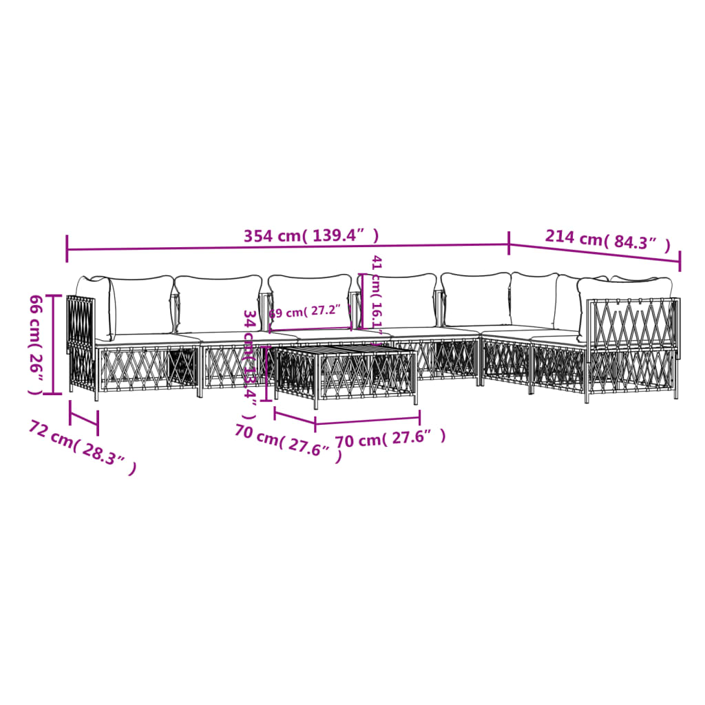 8 pcs conjunto lounge de jardim com almofadões aço branco