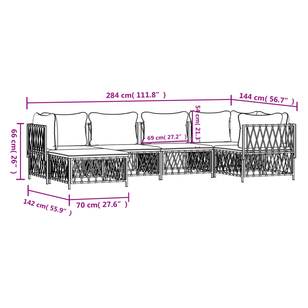 6 pcs conjunto lounge de jardim com almofadões aço branco