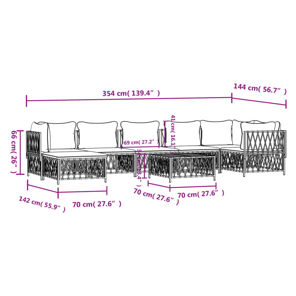 8 pcs conjunto lounge de jardim com almofadões aço branco