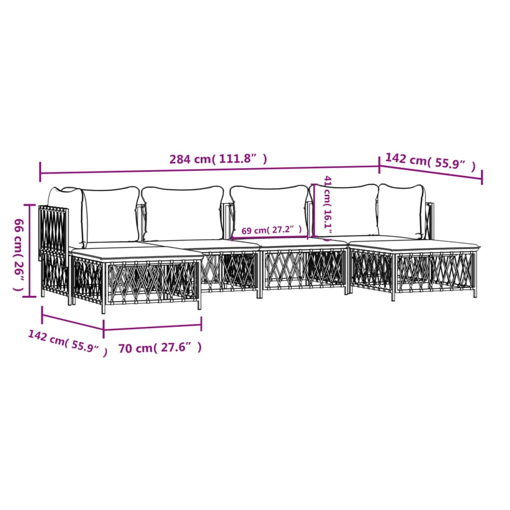 6 pcs conjunto lounge de jardim com almofadões aço branco