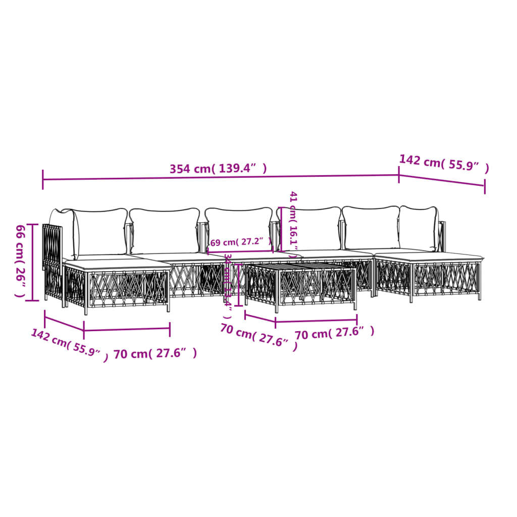 8 pcs conjunto lounge de jardim com almofadões aço branco