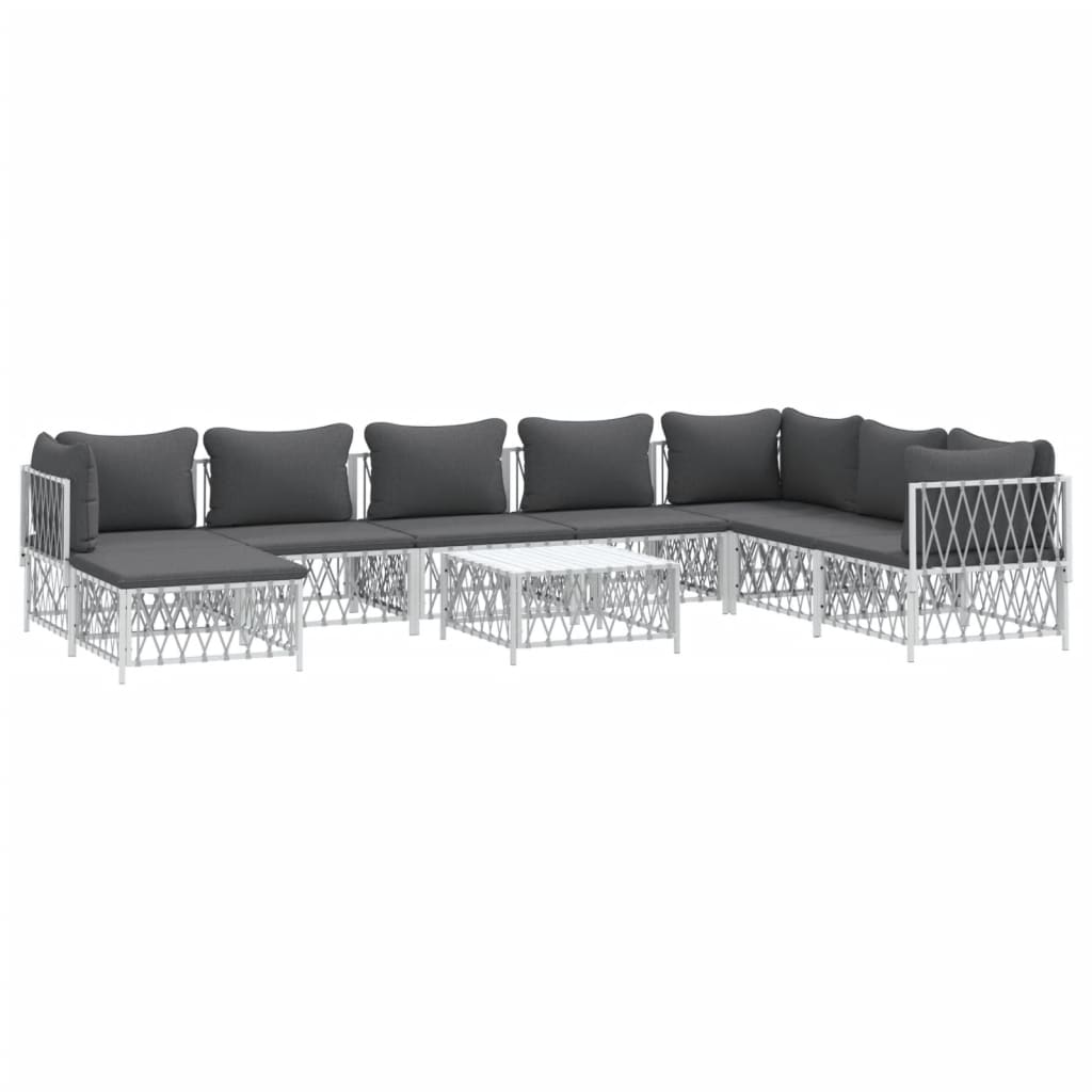 9 pcs conjunto lounge de jardim com almofadões aço branco