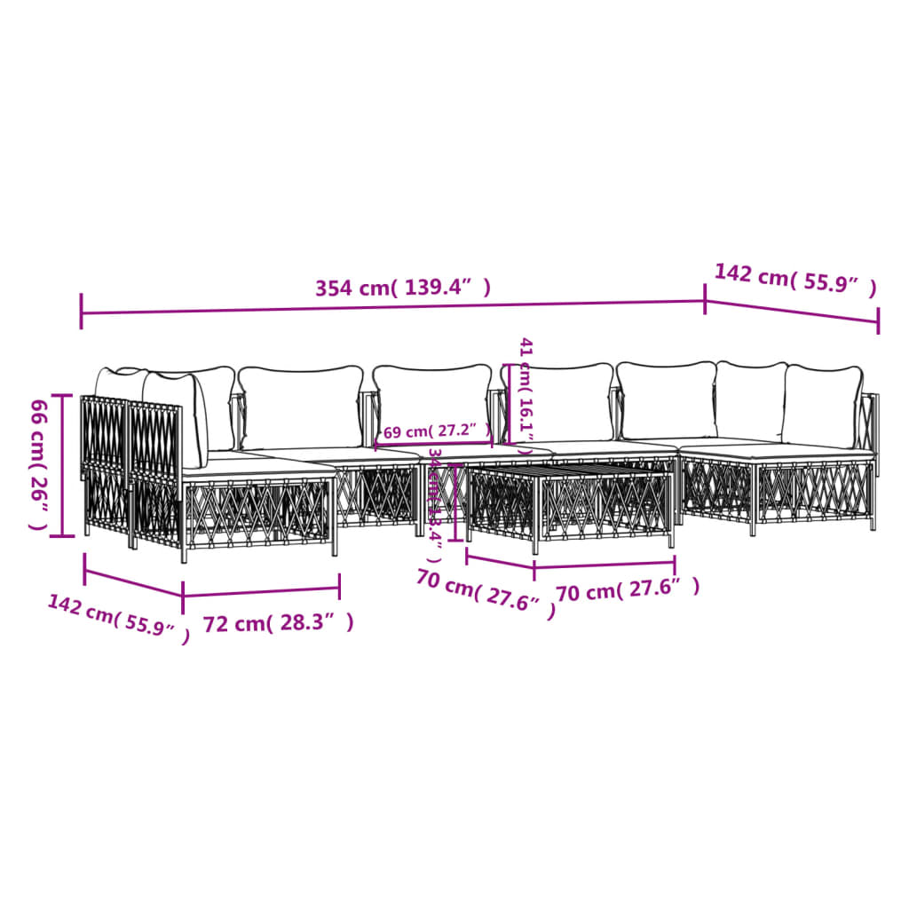 8 pcs conjunto lounge de jardim com almofadões aço branco