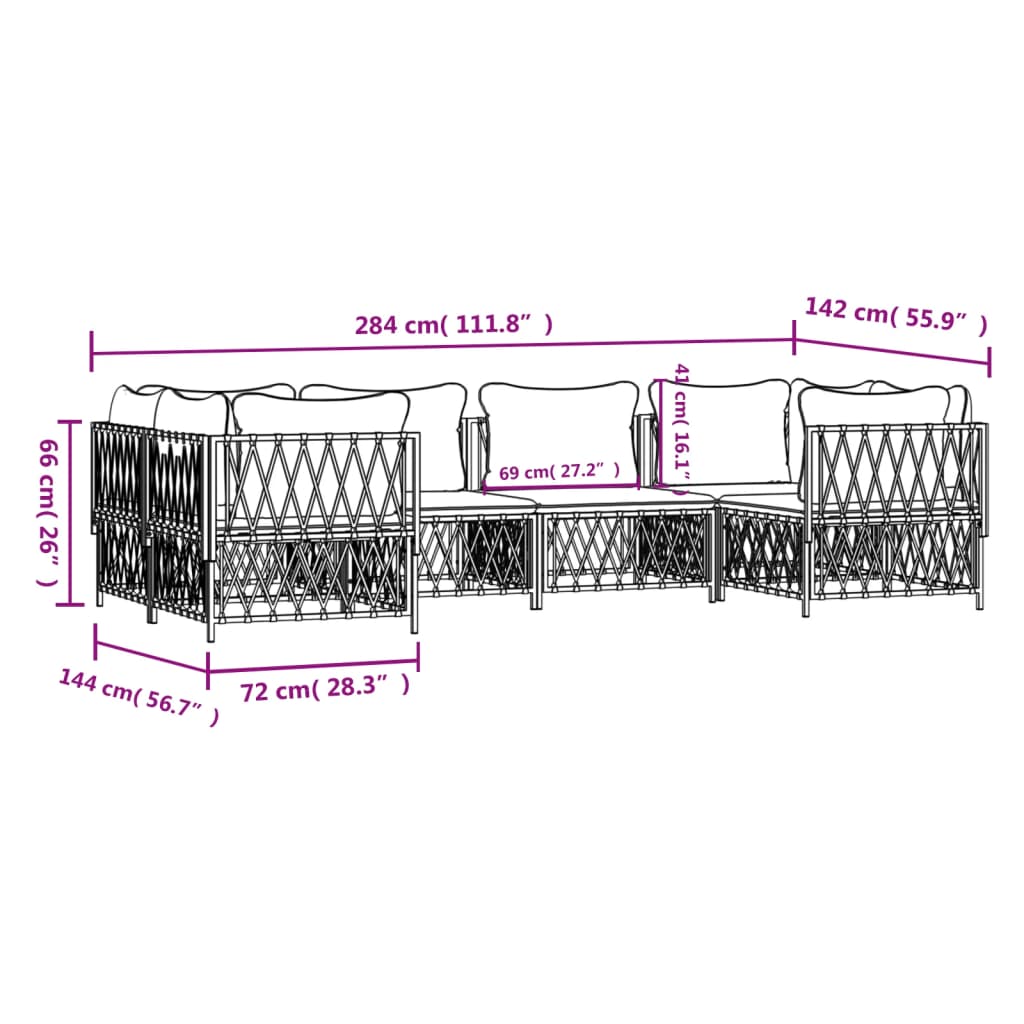 6 pcs conjunto lounge de jardim com almofadões aço branco