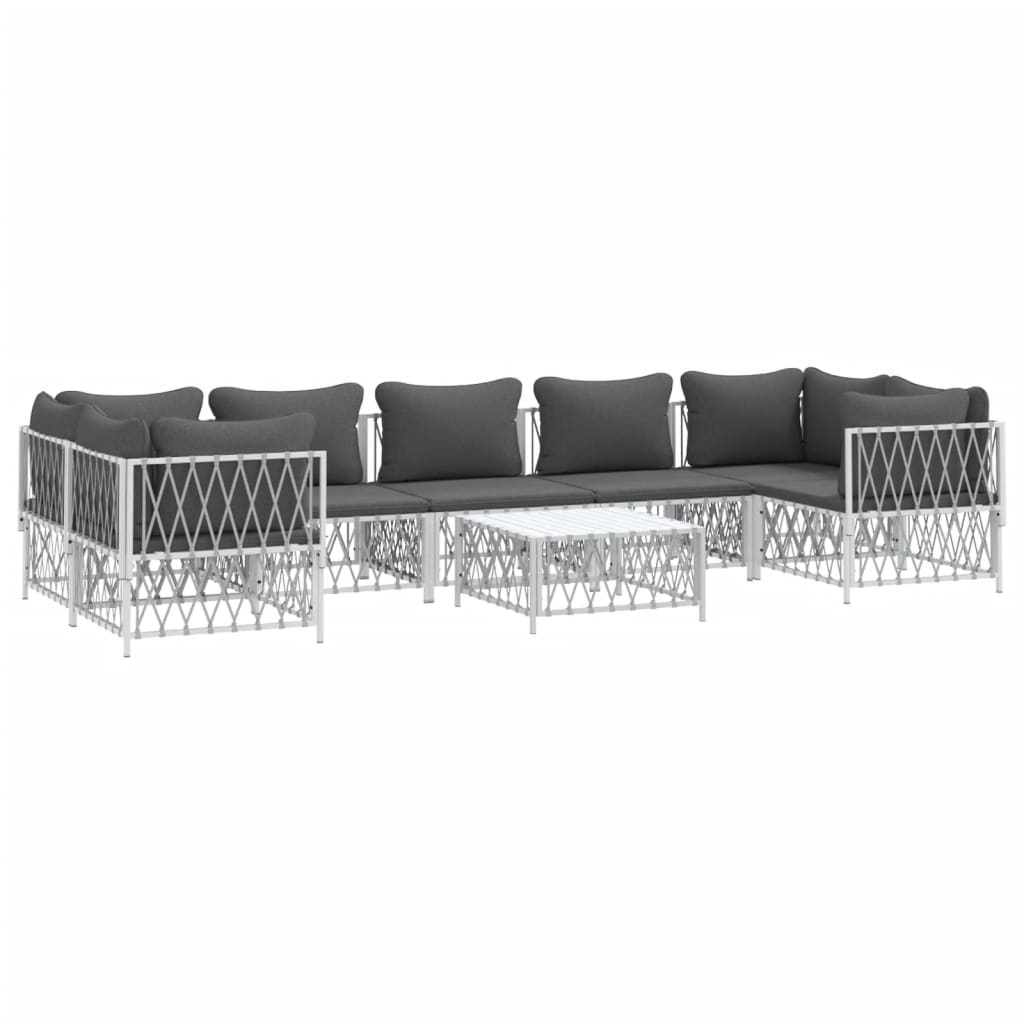 8 pcs conjunto lounge de jardim com almofadões aço branco