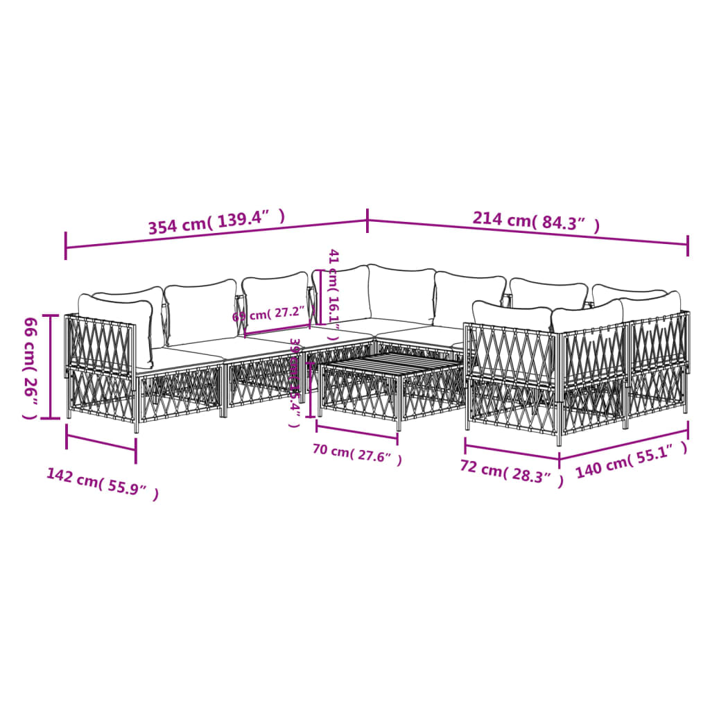 9 pcs conjunto lounge de jardim com almofadões aço branco