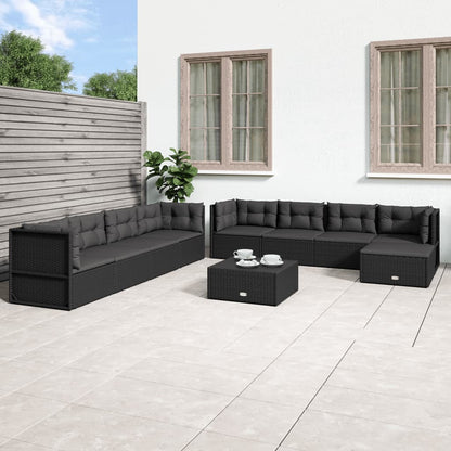 9 pcs conjunto lounge de jardim c/ almofadões vime PE preto