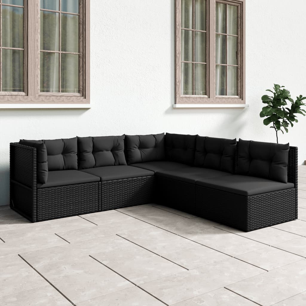 5 pcs conjunto lounge de jardim c/ almofadões vime PE preto