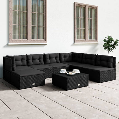 7 pcs conjunto lounge de jardim c/ almofadões vime PE preto