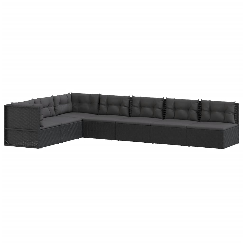 7 pcs conjunto lounge de jardim c/ almofadões vime PE preto