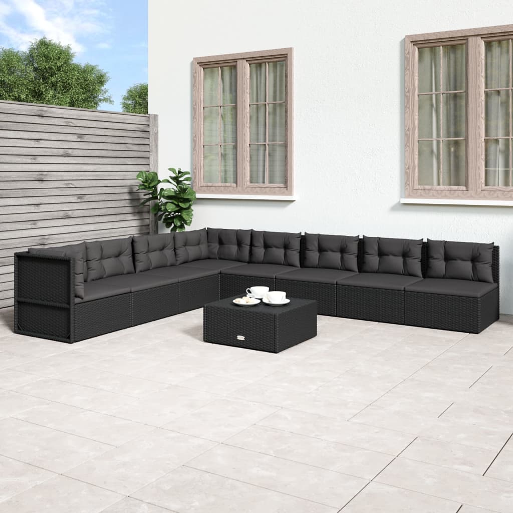 8 pcs conjunto lounge de jardim c/ almofadões vime PE preto