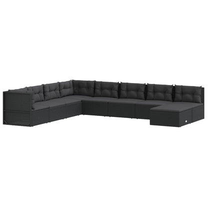 9 pcs conjunto lounge de jardim c/ almofadões vime PE preto