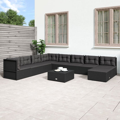 9 pcs conjunto lounge de jardim c/ almofadões vime PE preto