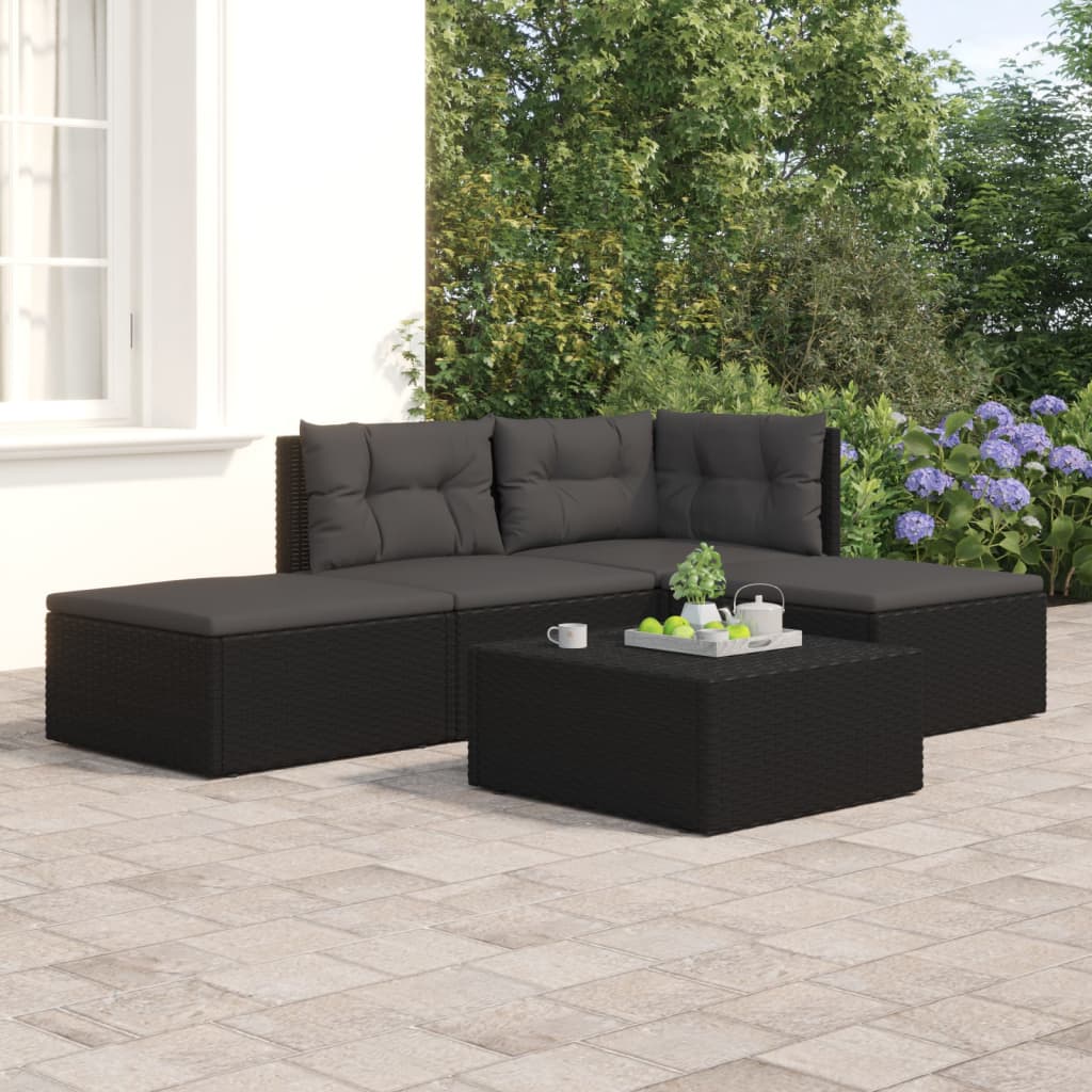 4 pcs conjunto lounge de jardim c/ almofadões vime PE preto