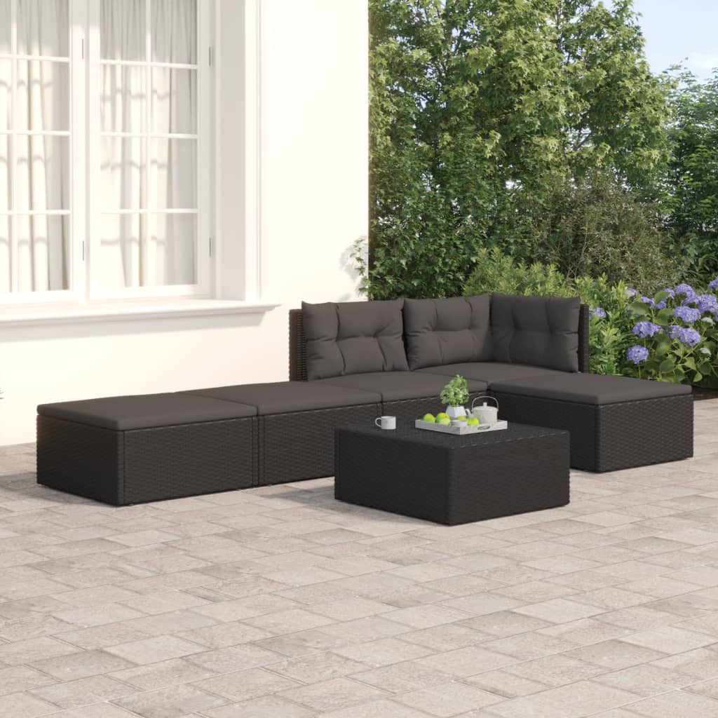 5 pcs conjunto lounge de jardim c/ almofadões vime PE preto