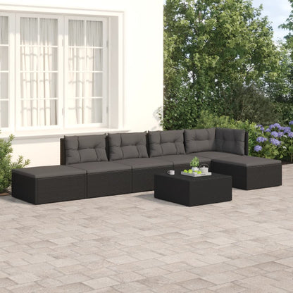 6 pcs conjunto lounge de jardim c/ almofadões vime PE preto