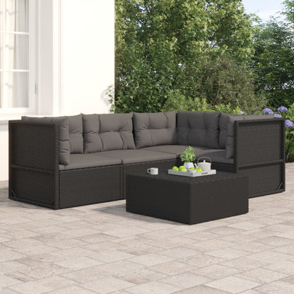 4 pcs conjunto lounge de jardim c/ almofadões vime PE preto