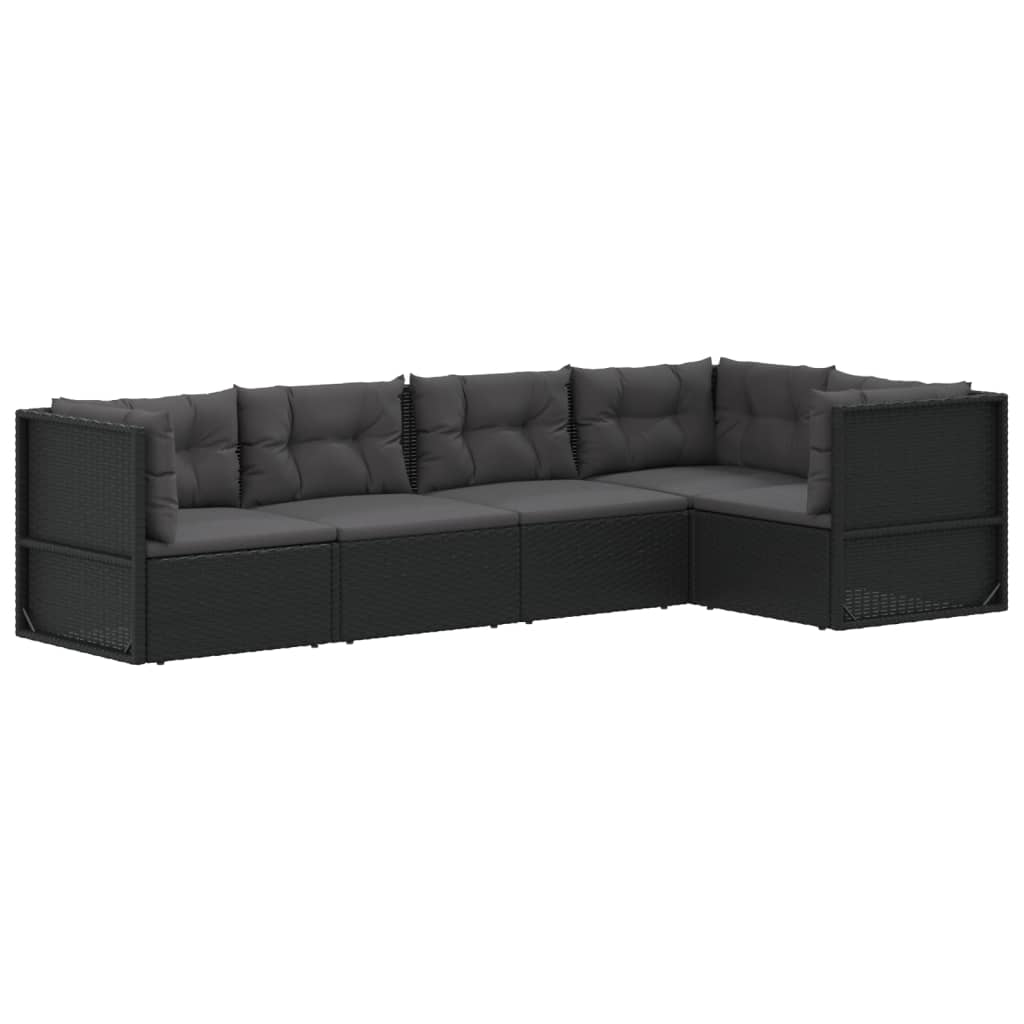 5 pcs conjunto lounge de jardim c/ almofadões vime PE preto