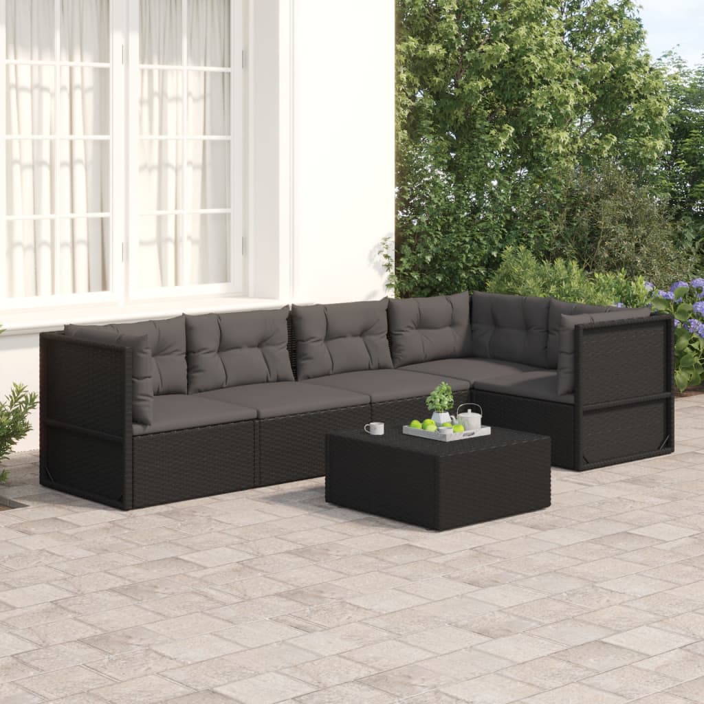 5 pcs conjunto lounge de jardim c/ almofadões vime PE preto