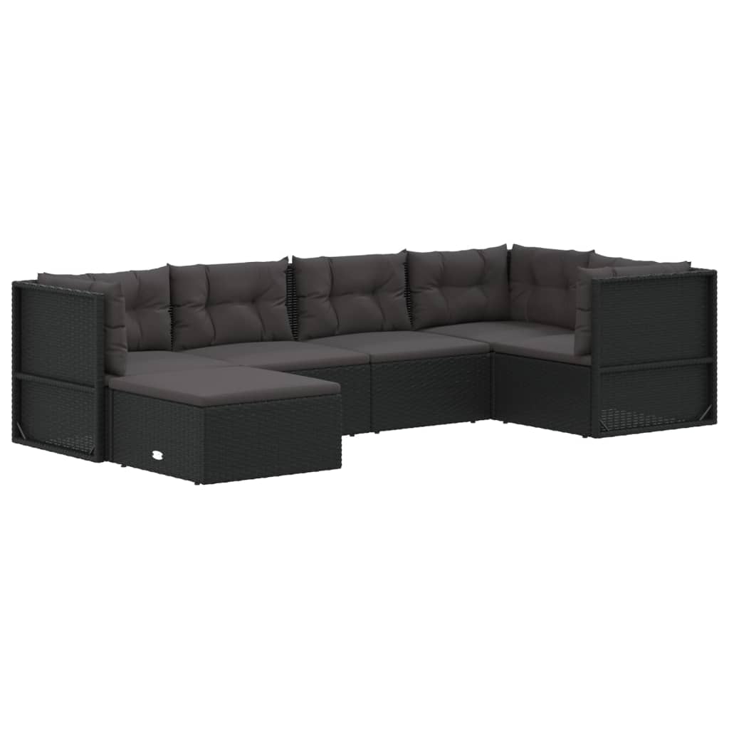 6 pcs conjunto lounge de jardim c/ almofadões vime PE preto