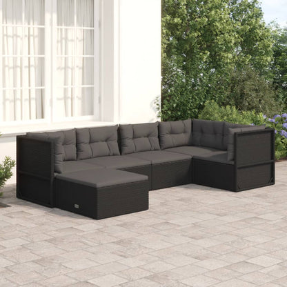 6 pcs conjunto lounge de jardim c/ almofadões vime PE preto