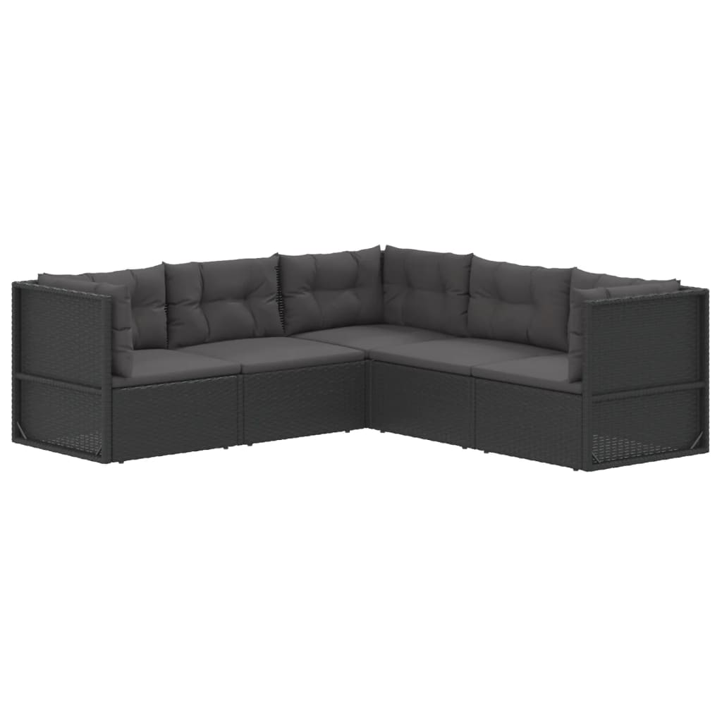 5 pcs conjunto lounge de jardim c/ almofadões vime PE preto