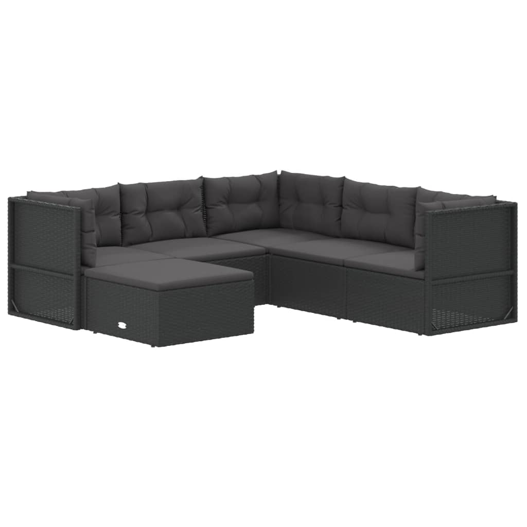 6 pcs conjunto lounge de jardim c/ almofadões vime PE preto