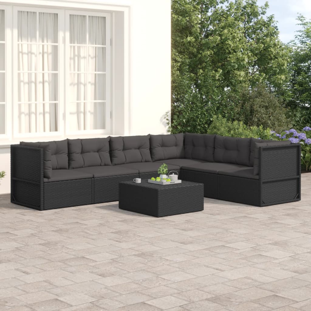 6 pcs conjunto lounge de jardim c/ almofadões vime PE preto