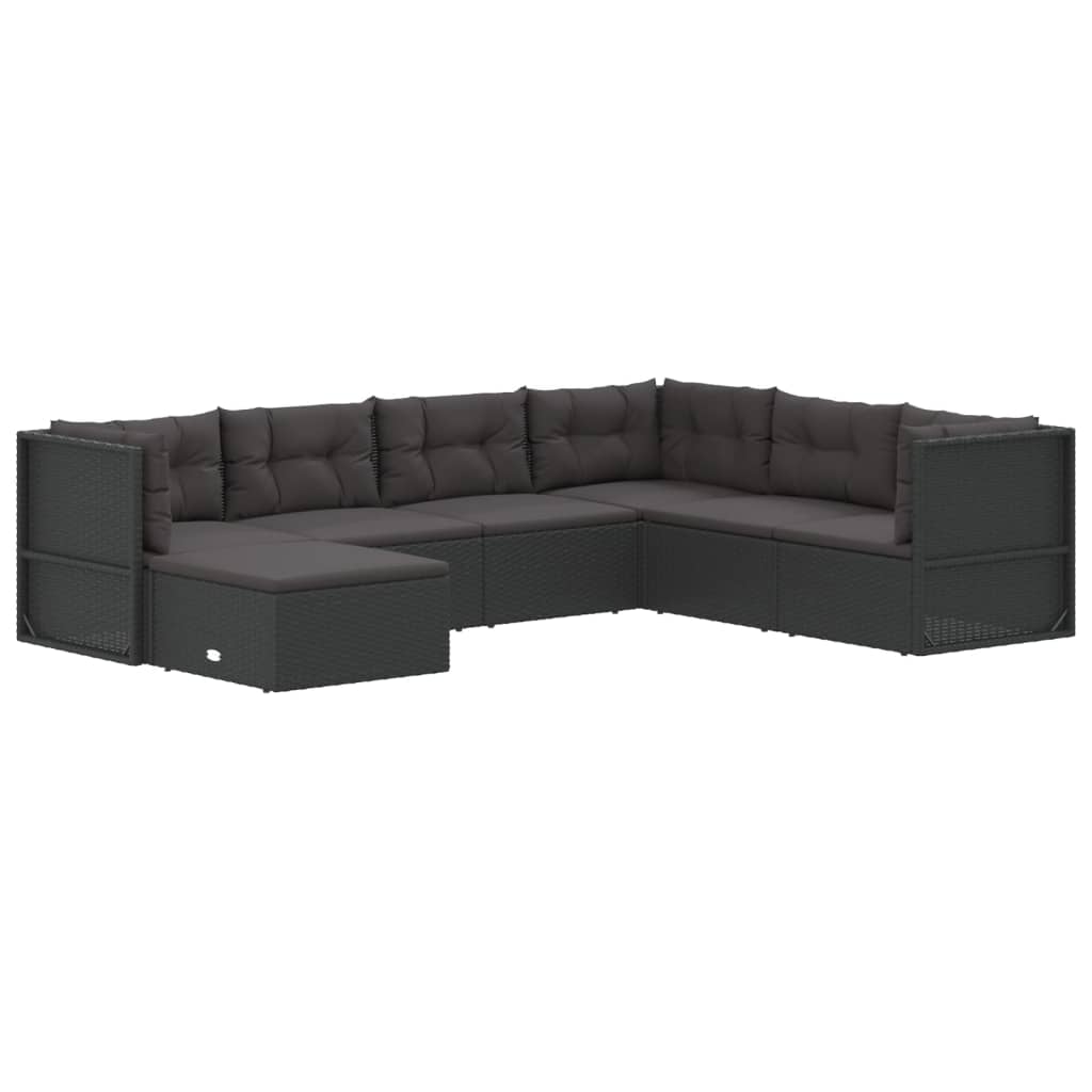 7 pcs conjunto lounge de jardim c/ almofadões vime PE preto