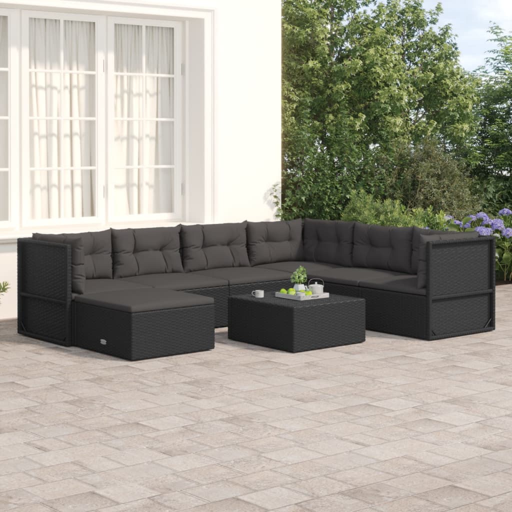 7 pcs conjunto lounge de jardim c/ almofadões vime PE preto