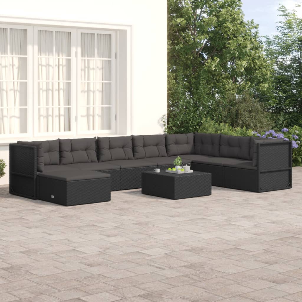 8 pcs conjunto lounge de jardim c/ almofadões vime PE preto