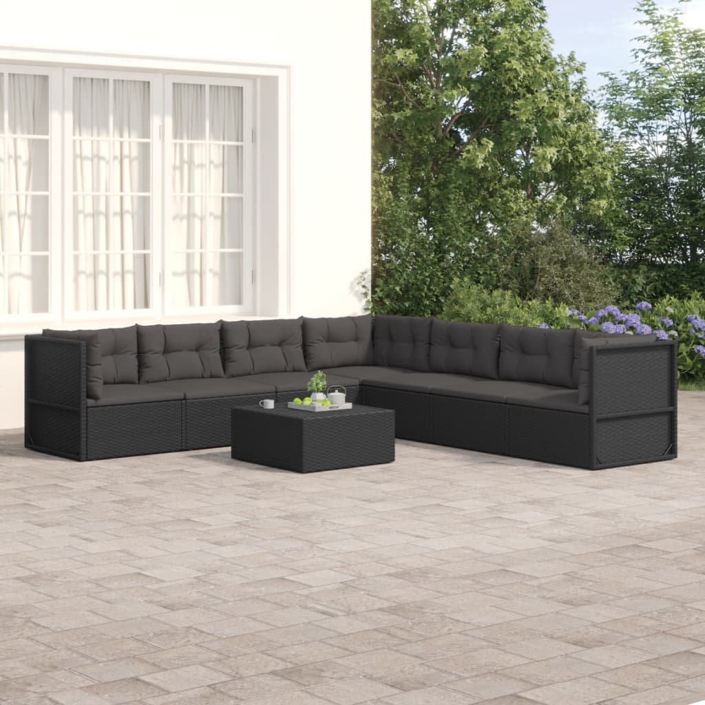 7 pcs conjunto lounge de jardim c/ almofadões vime PE preto