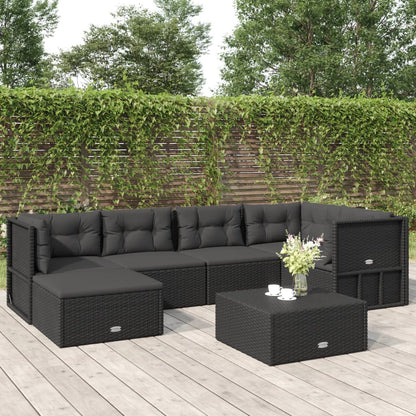 6 pcs conjunto lounge de jardim c/ almofadões vime PE preto