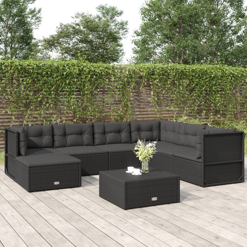 7 pcs conjunto lounge de jardim c/ almofadões vime PE preto