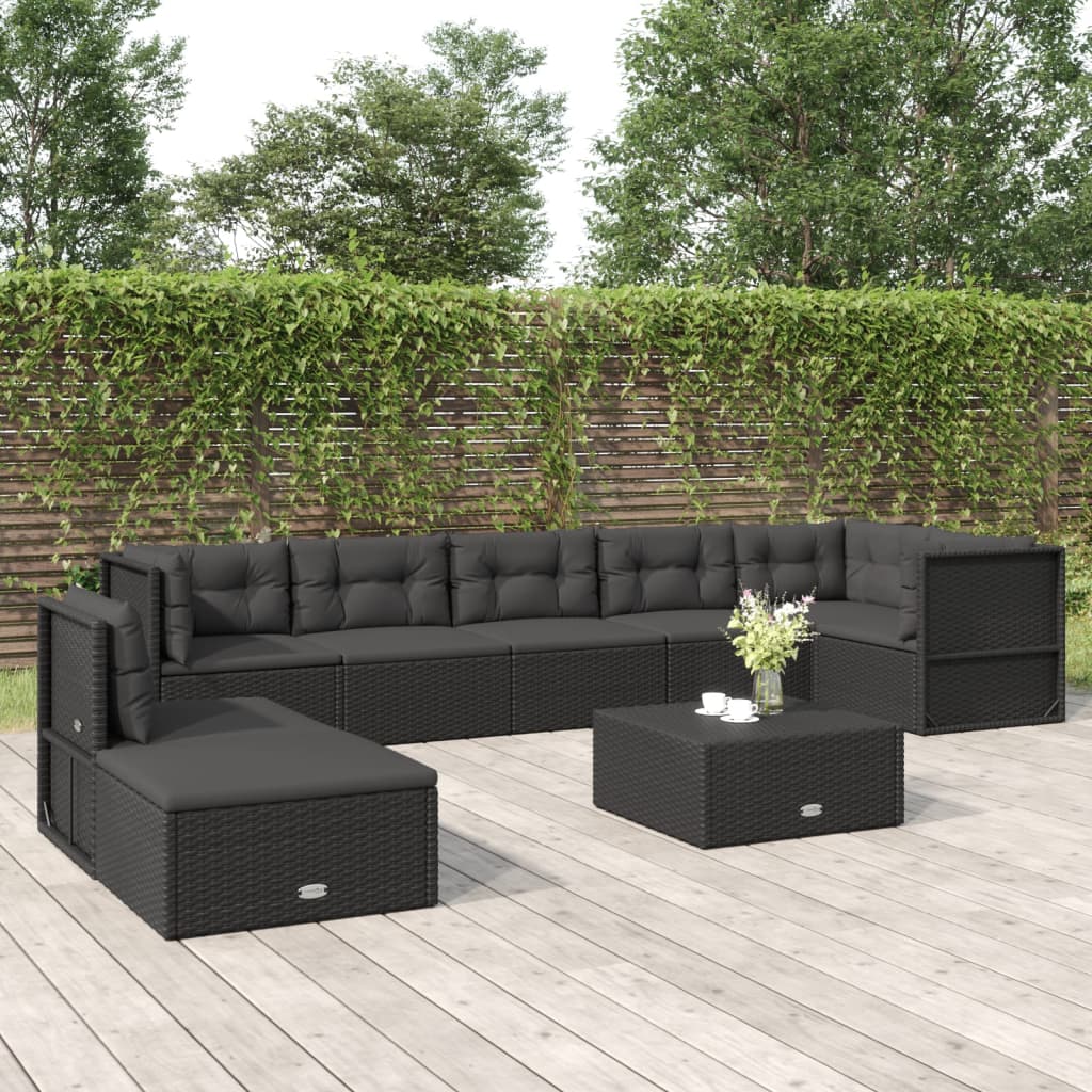 8 pcs conjunto lounge de jardim c/ almofadões vime PE preto