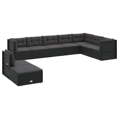 9 pcs conjunto lounge de jardim c/ almofadões vime PE preto