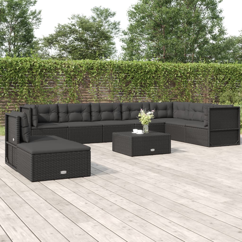 9 pcs conjunto lounge de jardim c/ almofadões vime PE preto