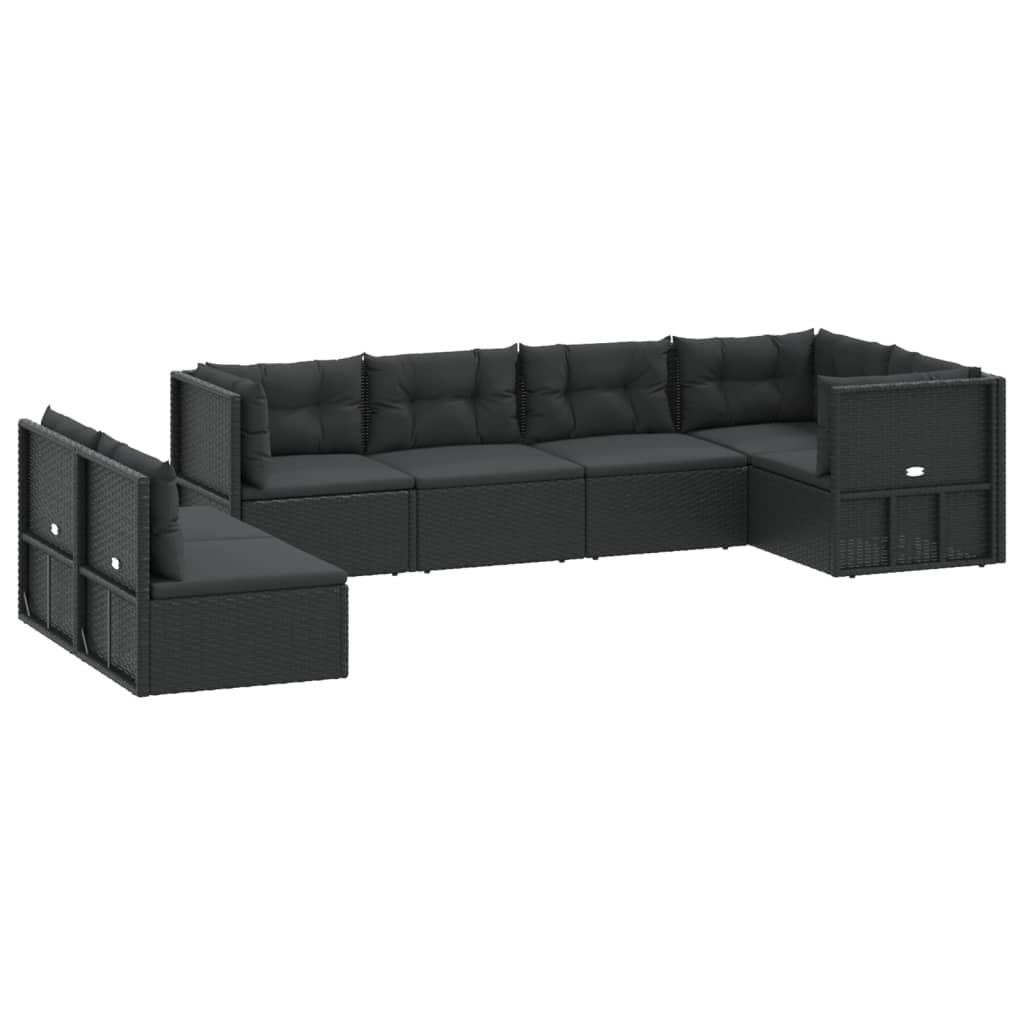 7 pcs conjunto lounge de jardim c/ almofadões vime PE preto