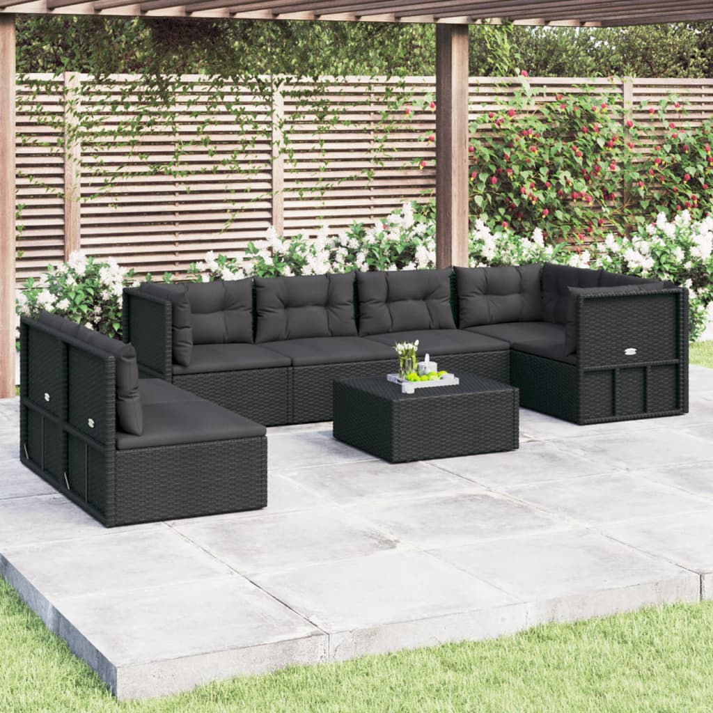 7 pcs conjunto lounge de jardim c/ almofadões vime PE preto